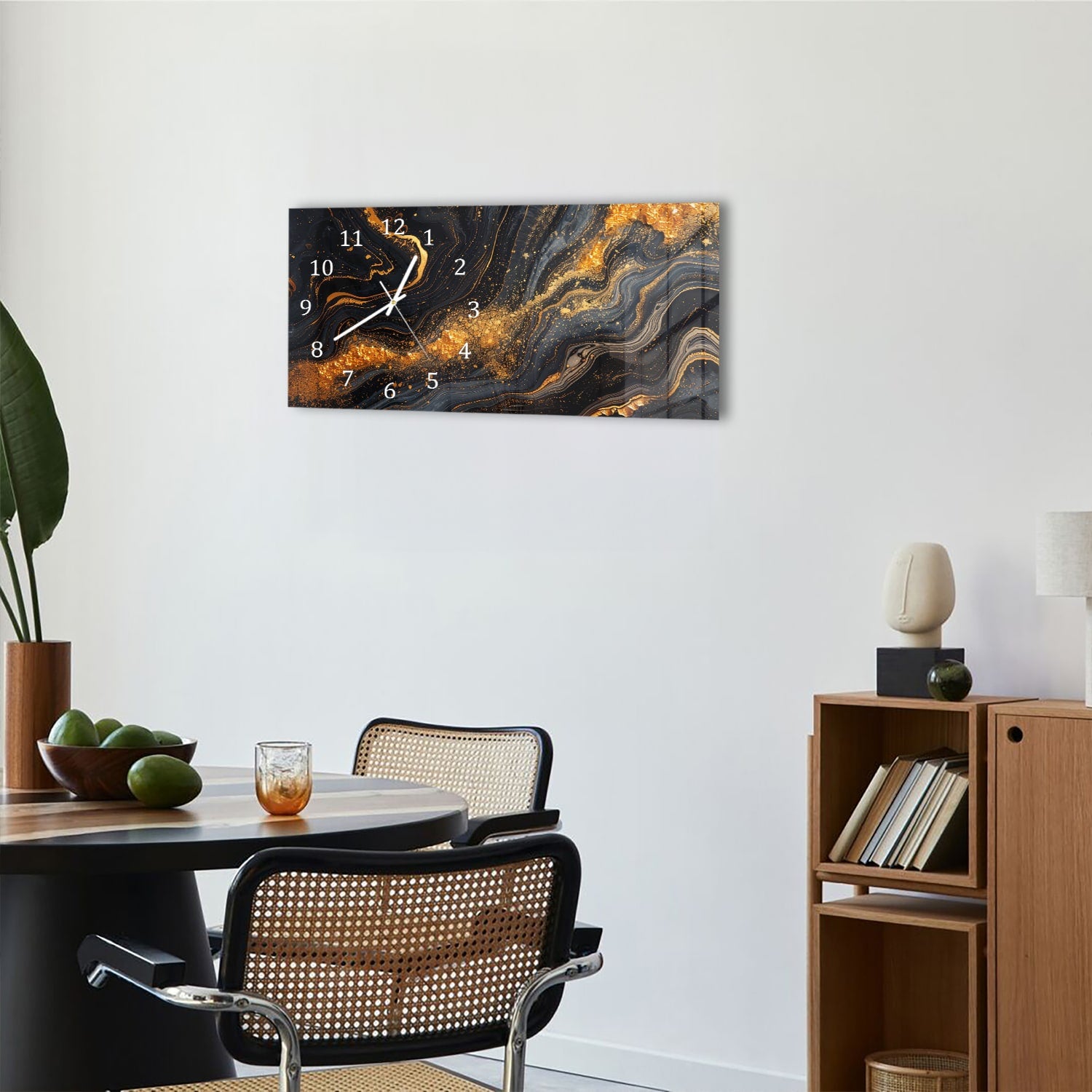 Wanduhr 60x30 - Schwarz/Gold-Marmor-Textur
