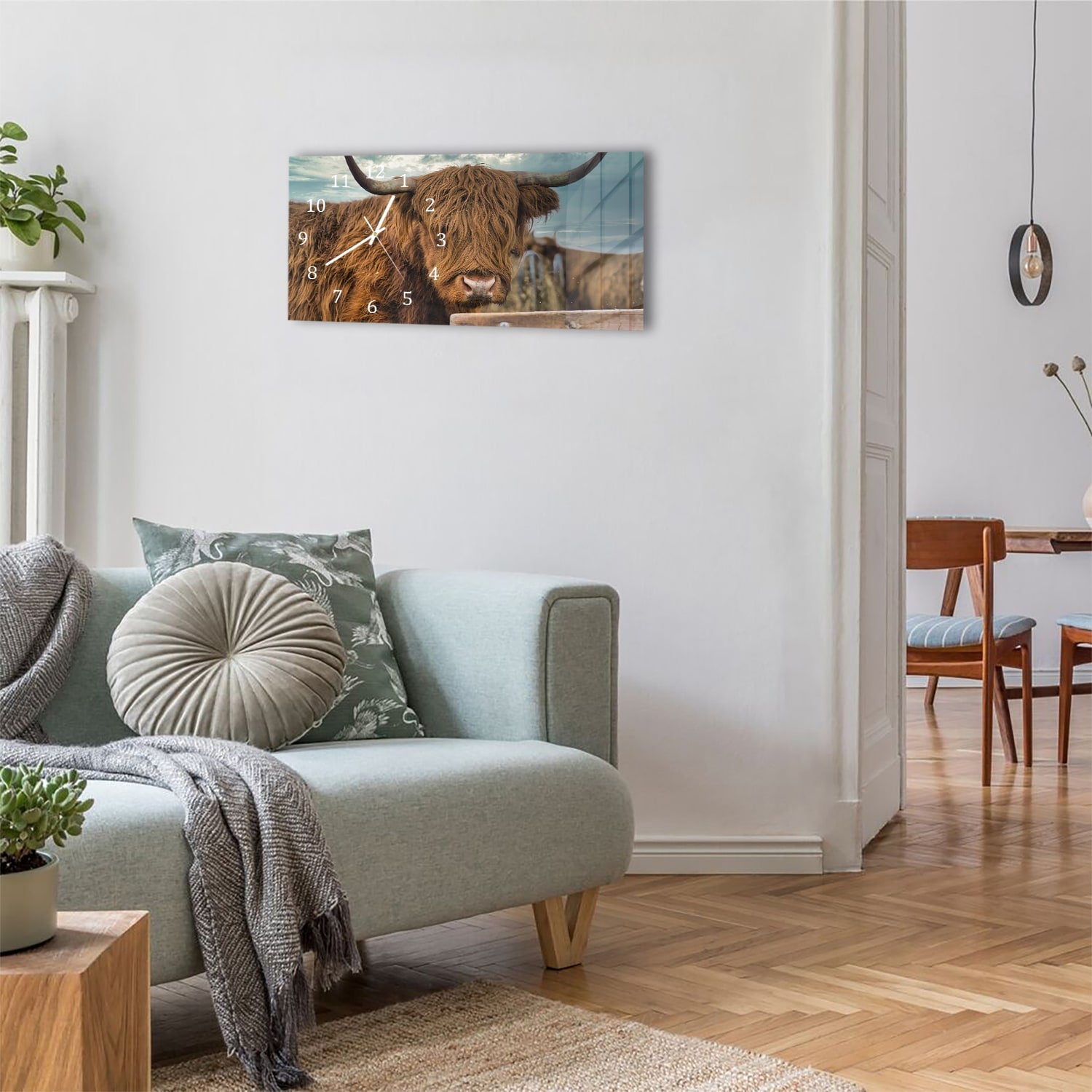 Wanduhr 60x30 - Schottisches Hochlandrind auf der Weide