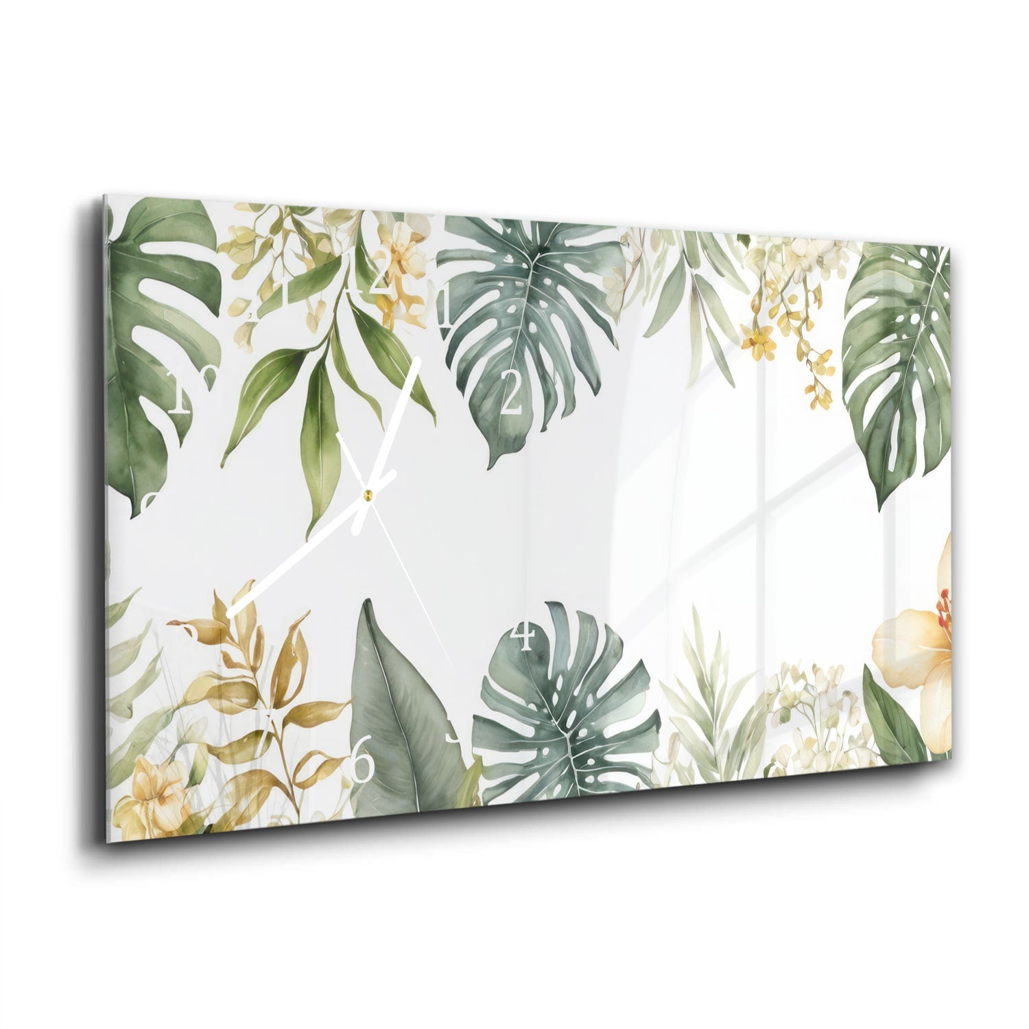 Wanduhr 60x30 - Blätter mit Aquarellfarben