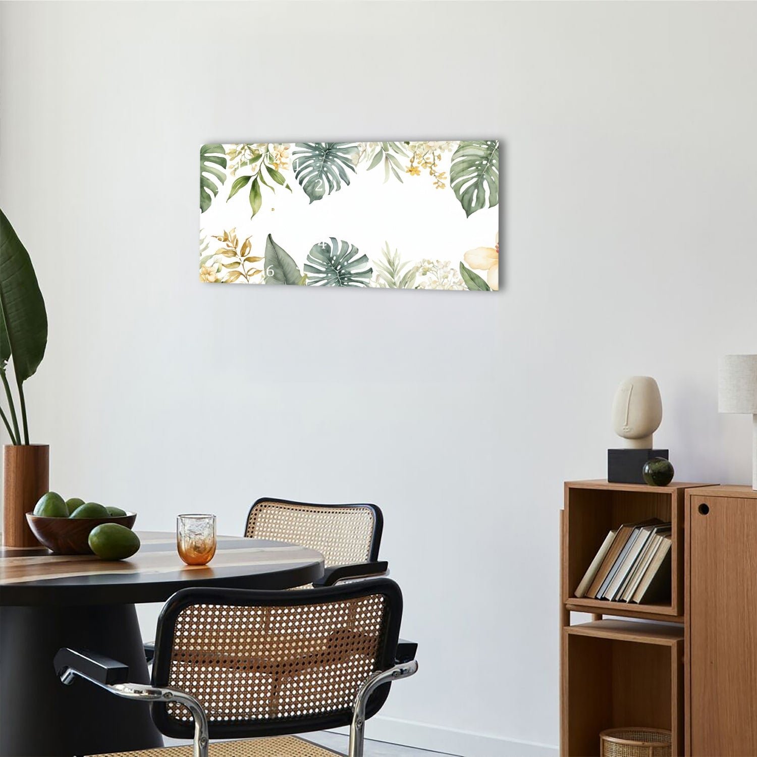 Wanduhr 60x30 - Blätter mit Aquarellfarben