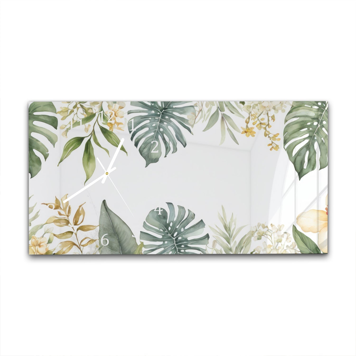 Wanduhr 60x30 - Blätter mit Aquarellfarben