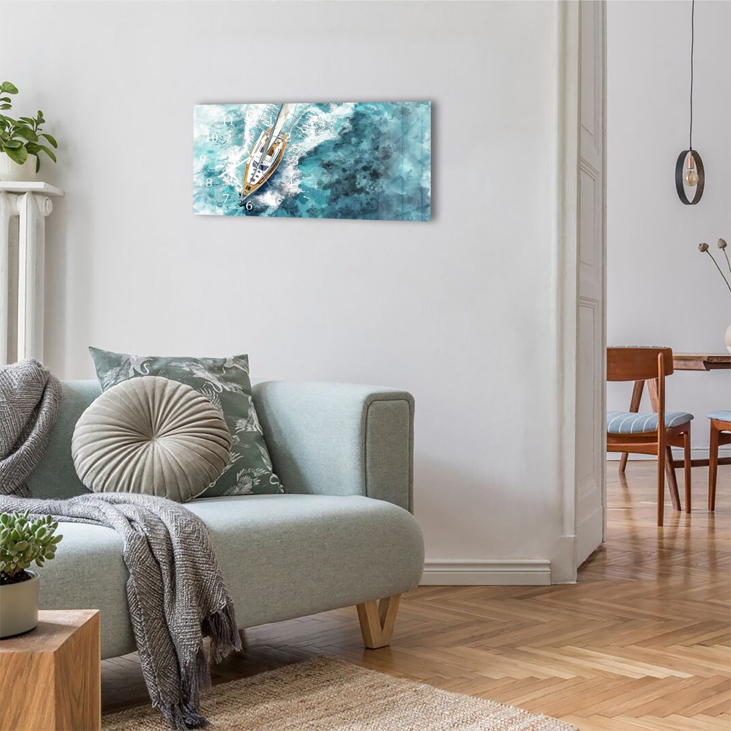 Wanduhr 60x30 - Aquarell-Gemälde Segelboot