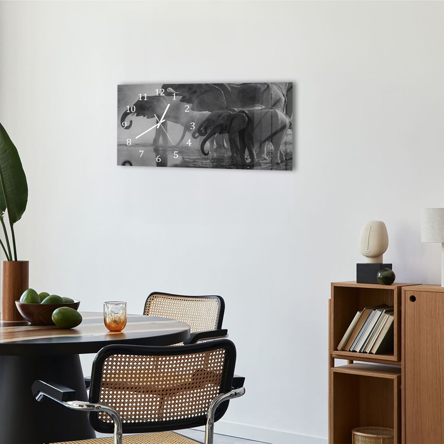 Wanduhr 60x30 - Schwarz-weiß Elefanten