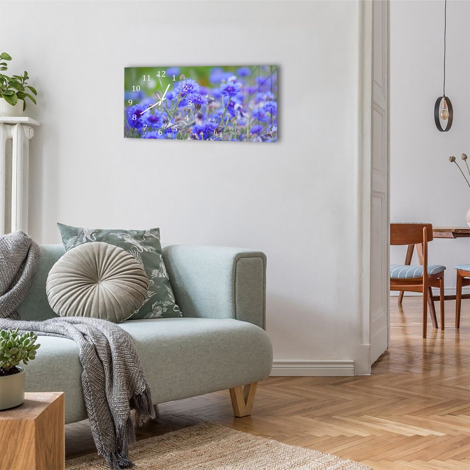Wanduhr 60x30 - Kornblumen in Blüte