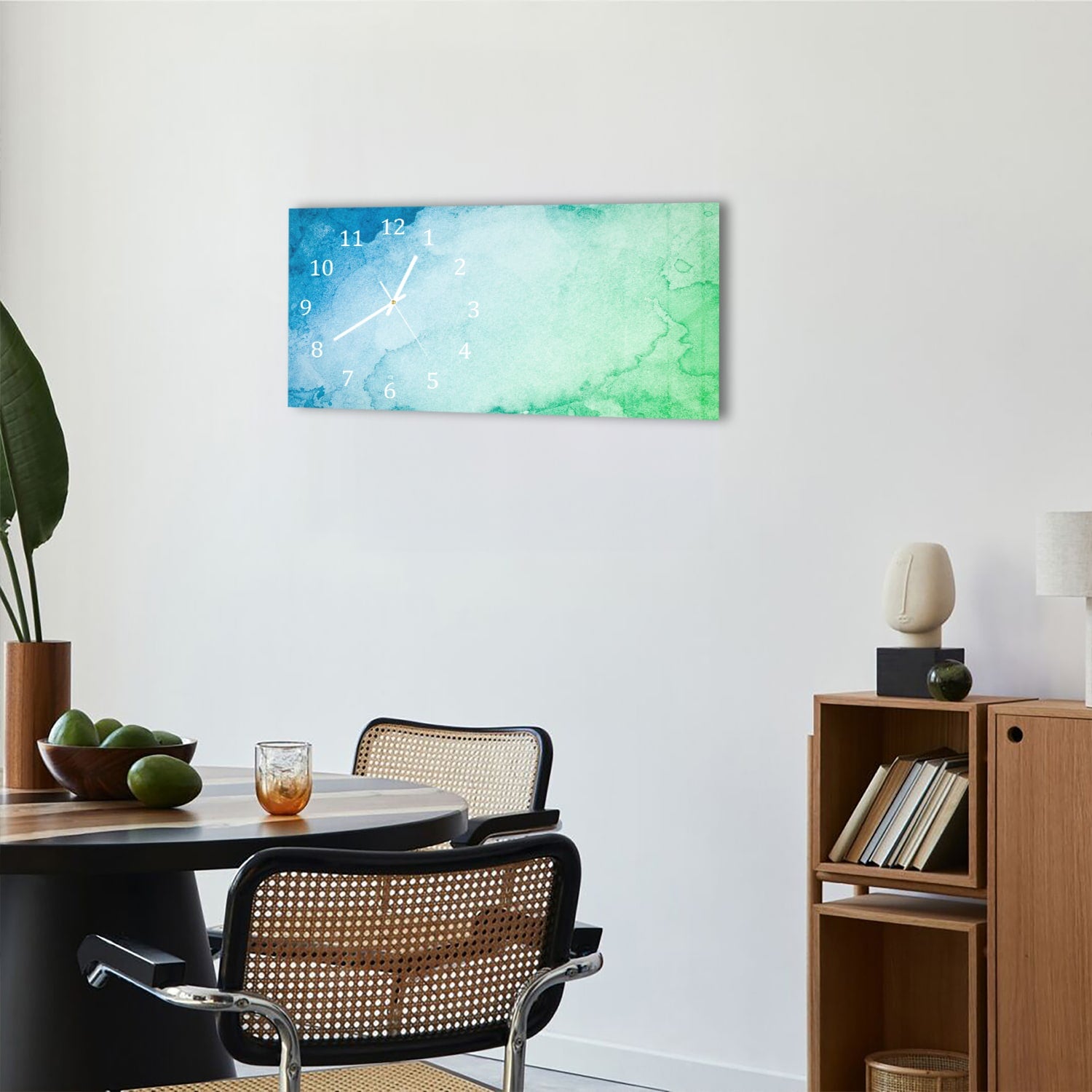 Wanduhr 60x30 - Grün-blaue Aquarellfarbe