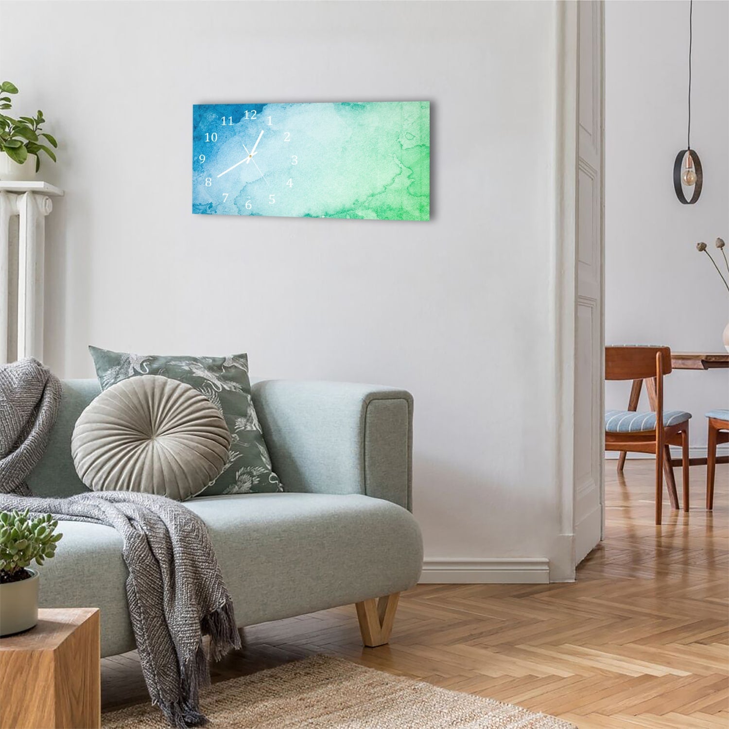 Wanduhr 60x30 - Grün-blaue Aquarellfarbe