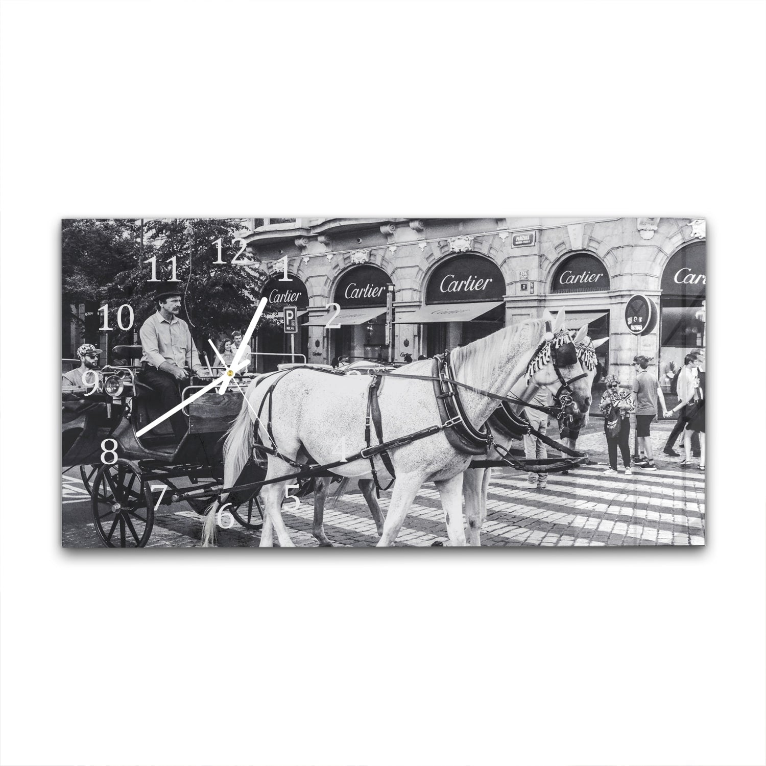 Wanduhr 60x30 - Pferd und Wagen vor Cartier-Geschäft