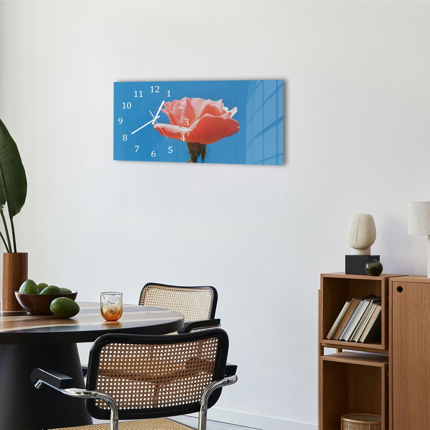 Wanduhr 60x30 - Rose mit blauem Himmel