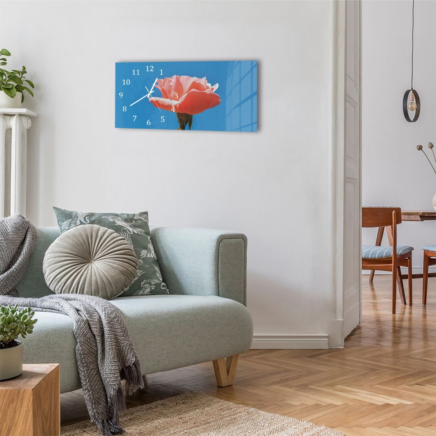 Wanduhr 60x30 - Rose mit blauem Himmel