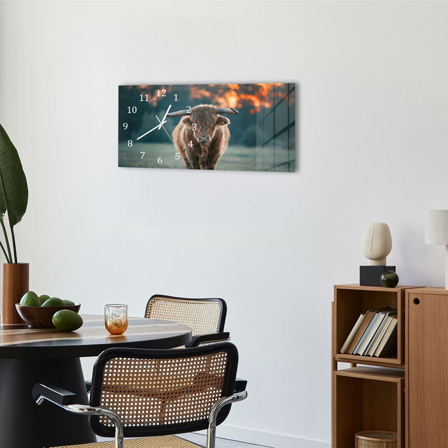 Wanduhr 60x30 - Hochlandrind am Abend
