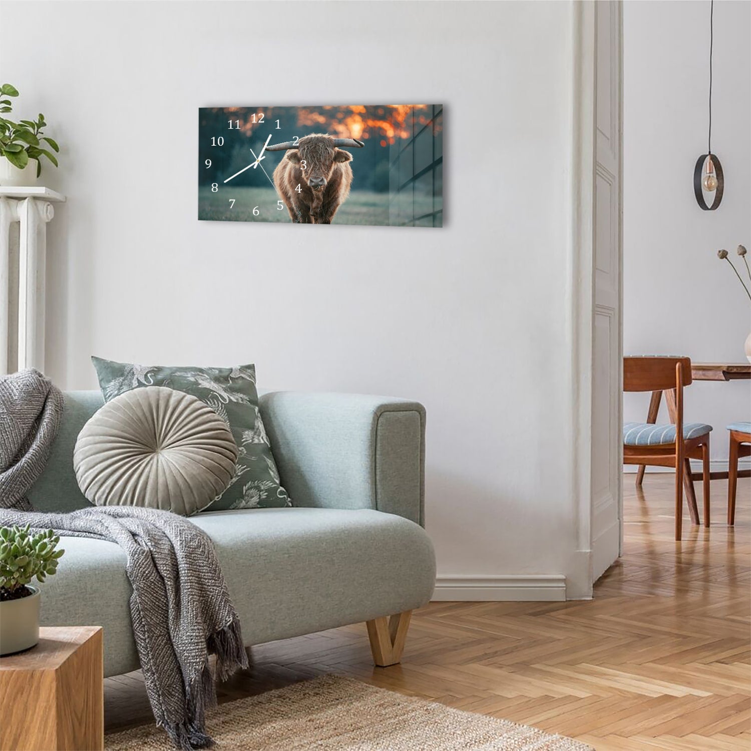 Wanduhr 60x30 - Hochlandrind am Abend