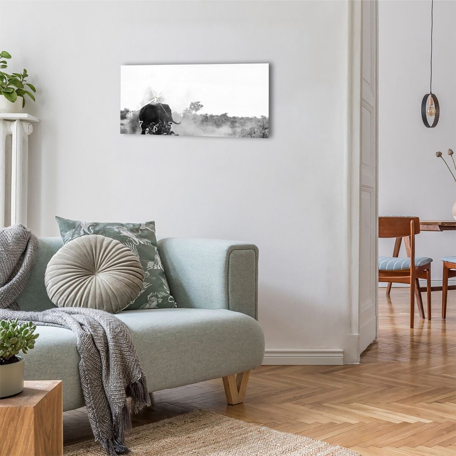 Wanduhr 60x30 - Elefant in Schwarz-Weiß