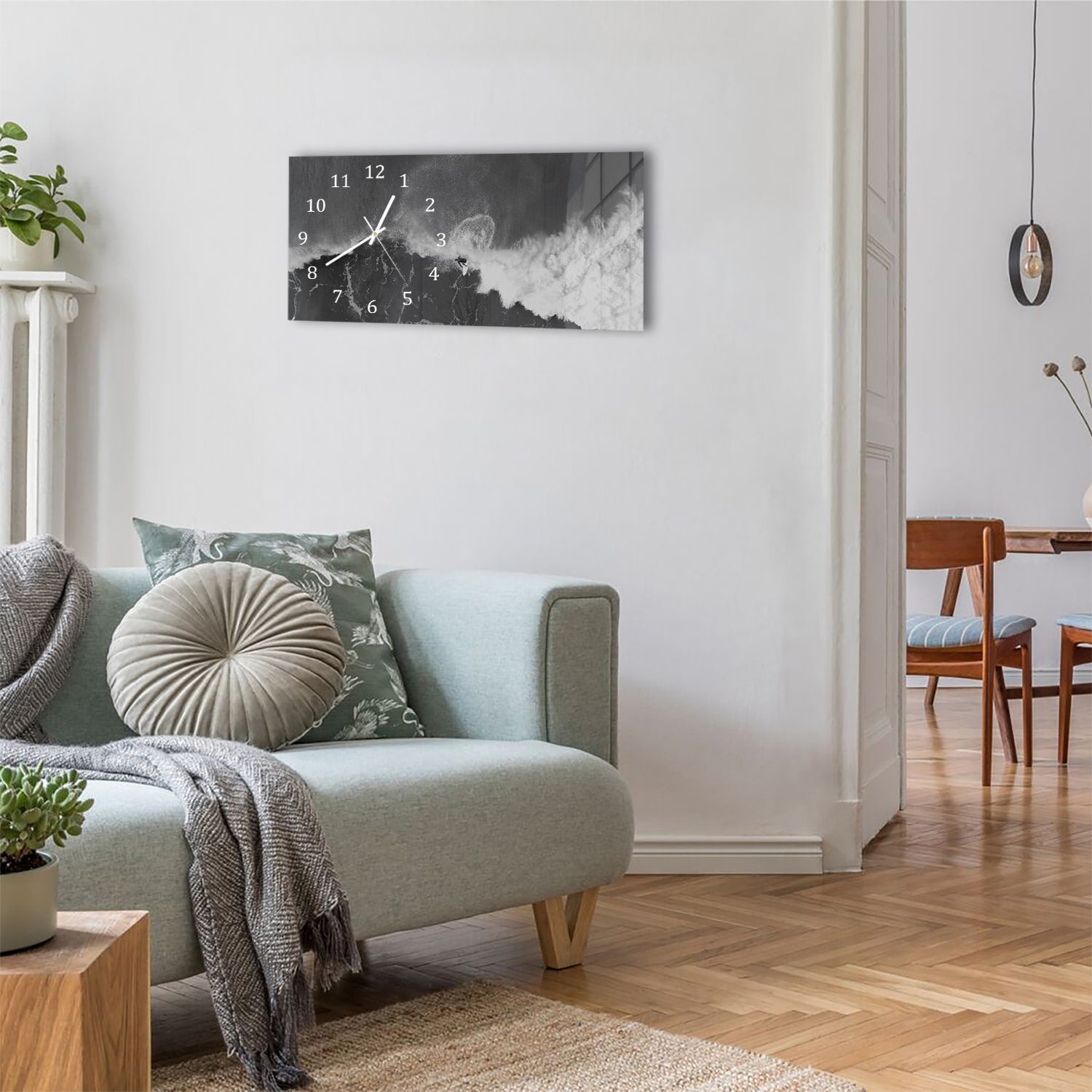 Wanduhr 60x30 - Schwarz-weiß Surfer