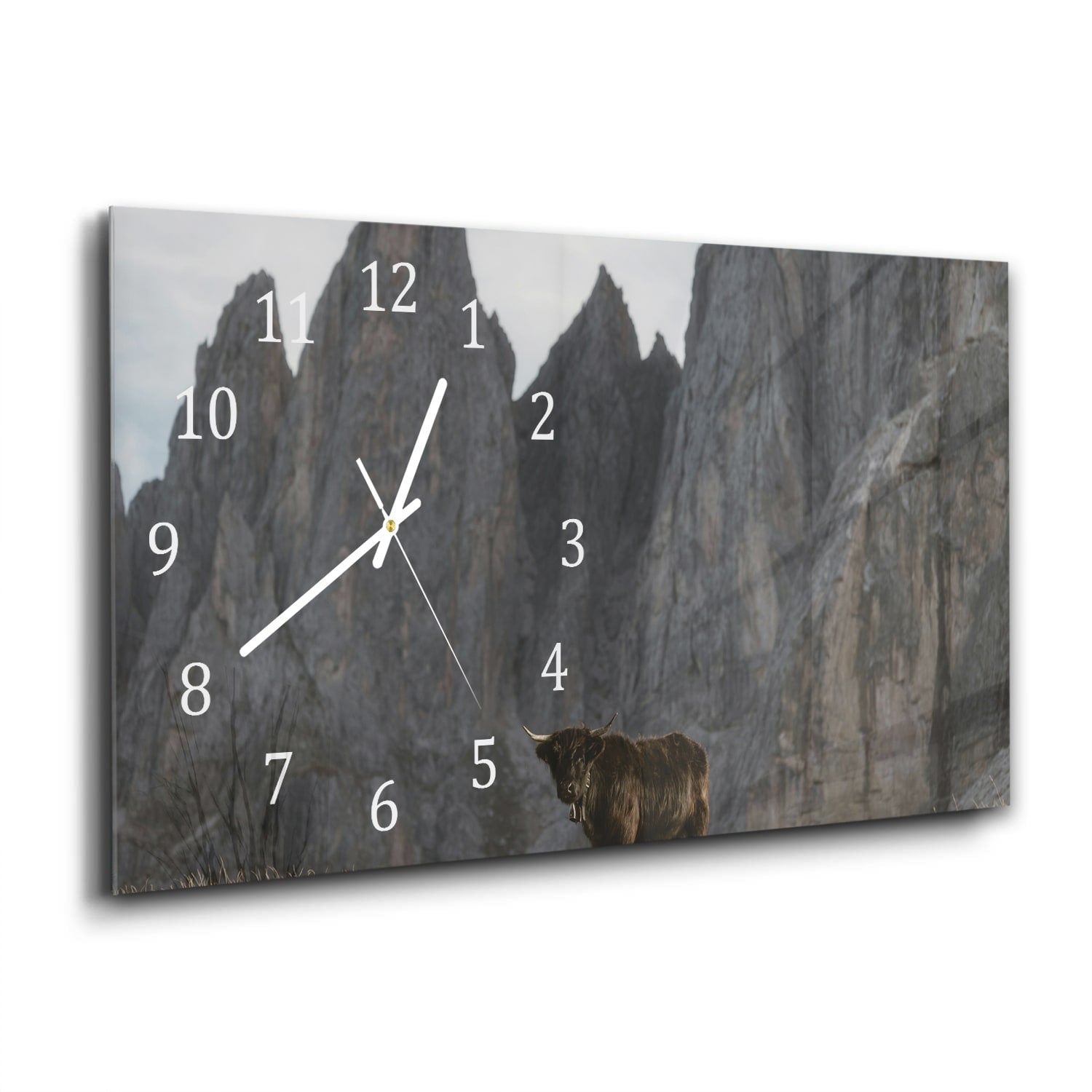 Wanduhr 60x30 - Stier in den Bergen