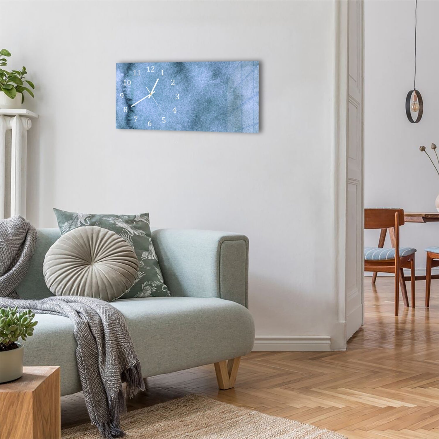 Wanduhr 60x30 - Aquarell-Gemälde Blau