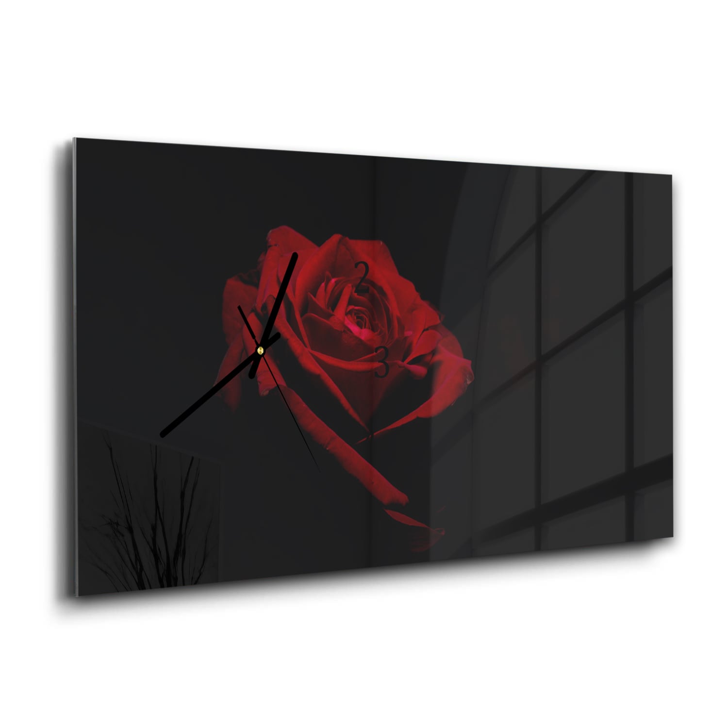 Wanduhr 60x30 - Rote Rose im Dunkeln