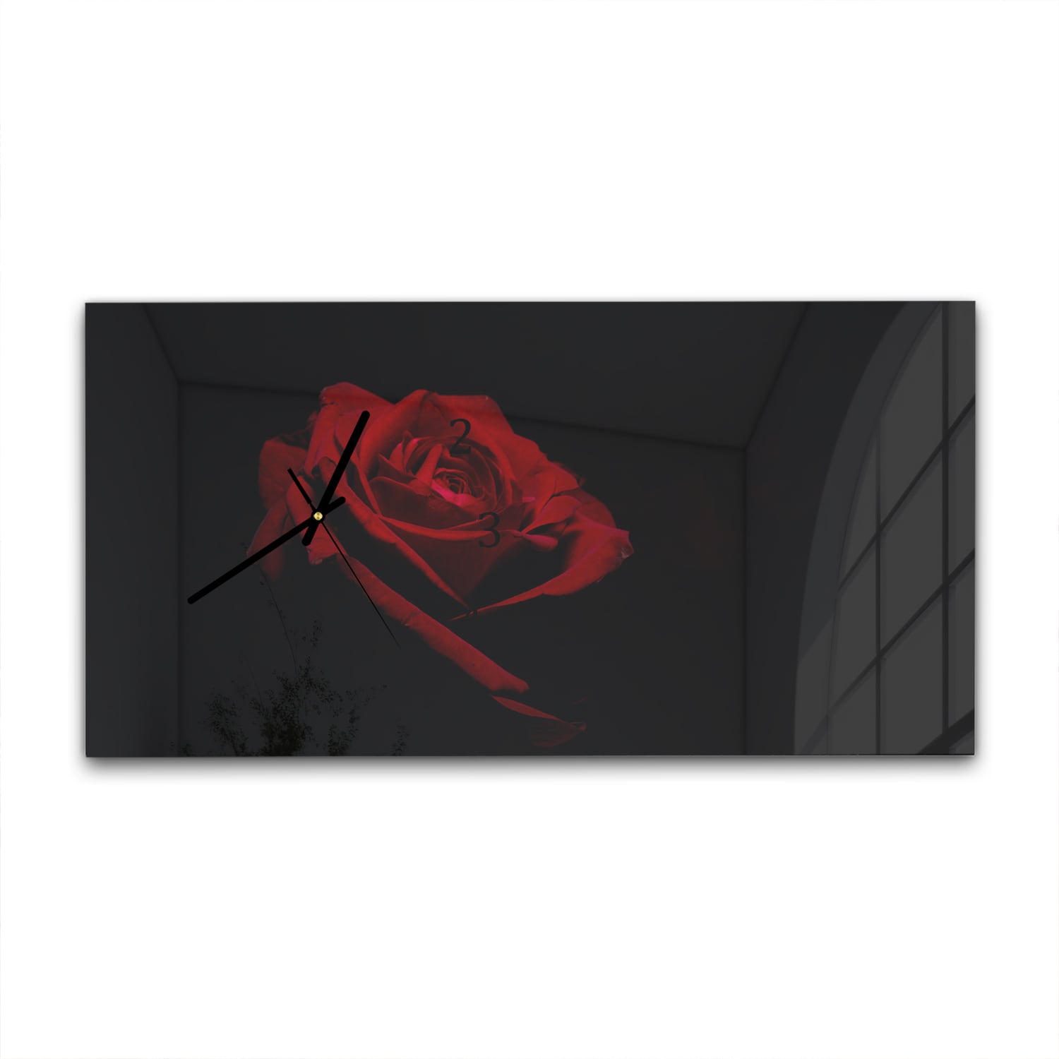 Wanduhr 60x30 - Rote Rose im Dunkeln