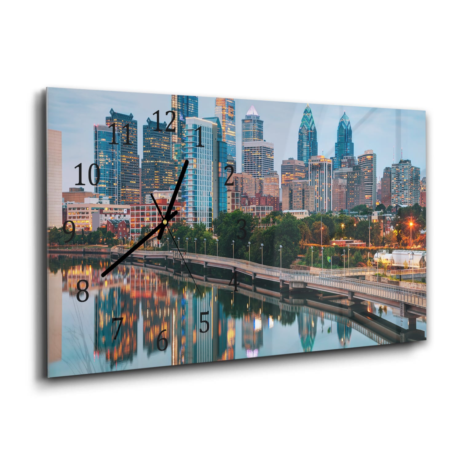 Wanduhr 60x30 - Philadelphia Skyline bei Nacht
