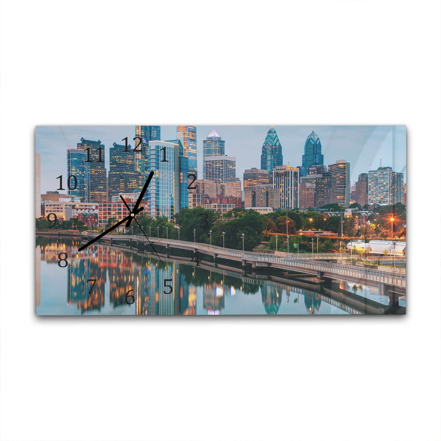 Wanduhr 60x30 - Philadelphia Skyline bei Nacht