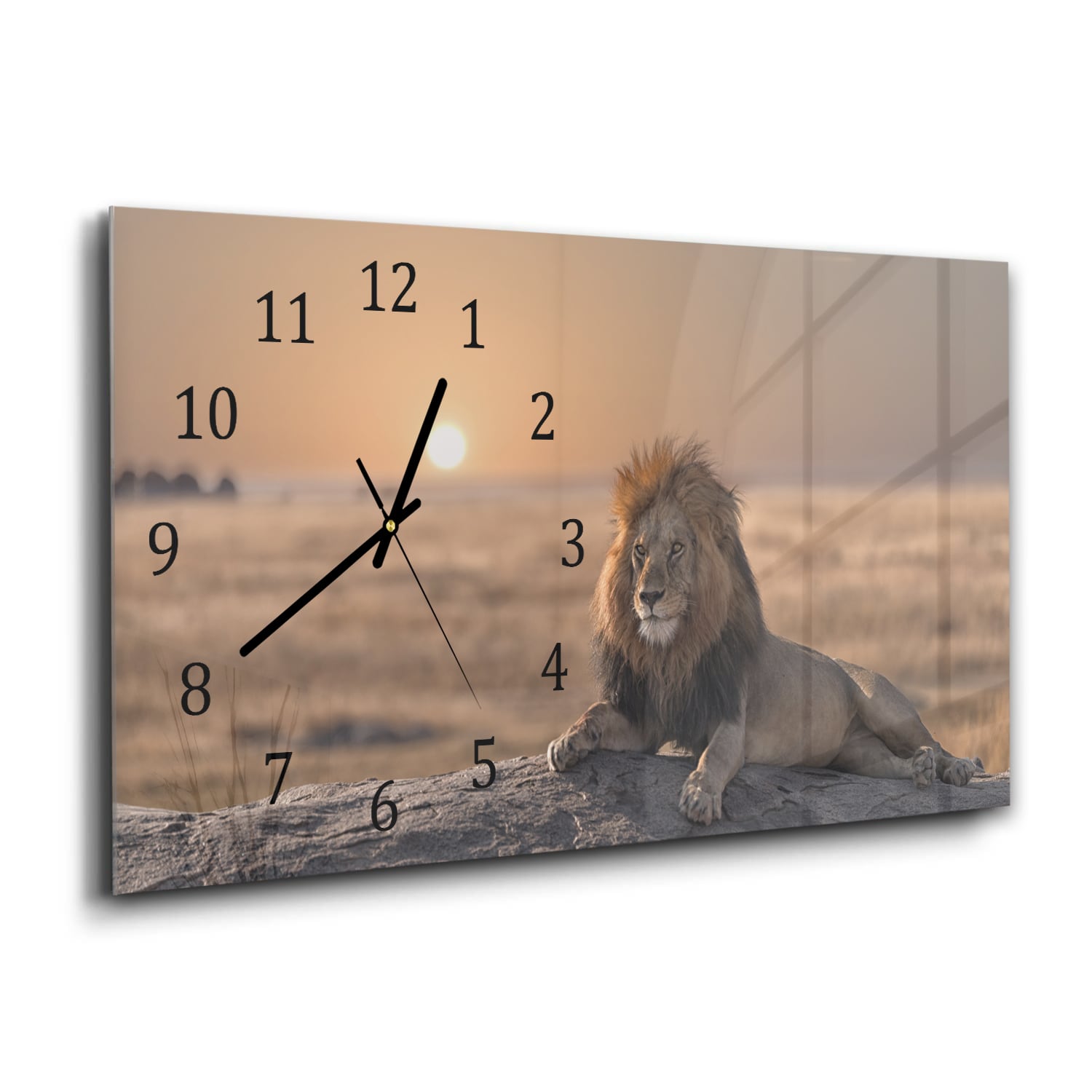 Wanduhr 60x30 - Löwe auf einem Felsen