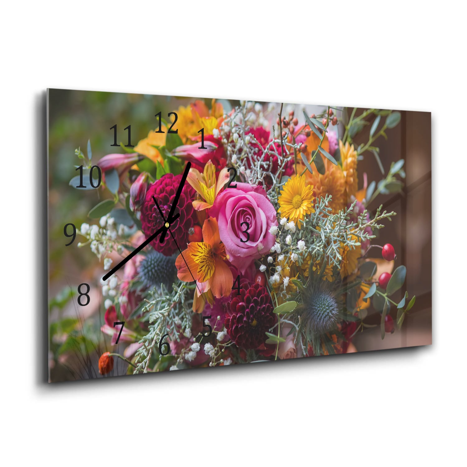 Wanduhr 60x30 - Bunter Blumenstrauß