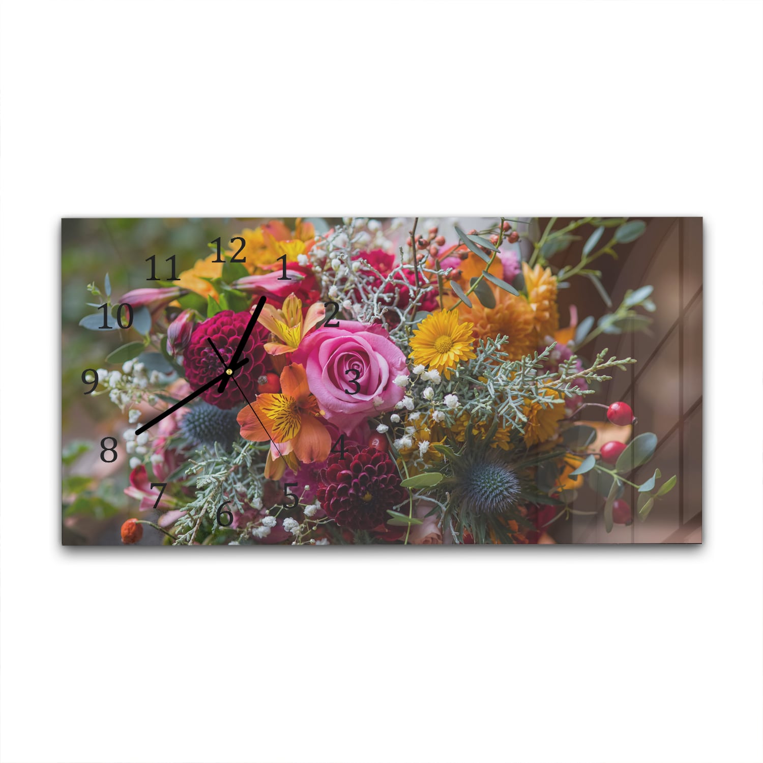 Wanduhr 60x30 - Bunter Blumenstrauß