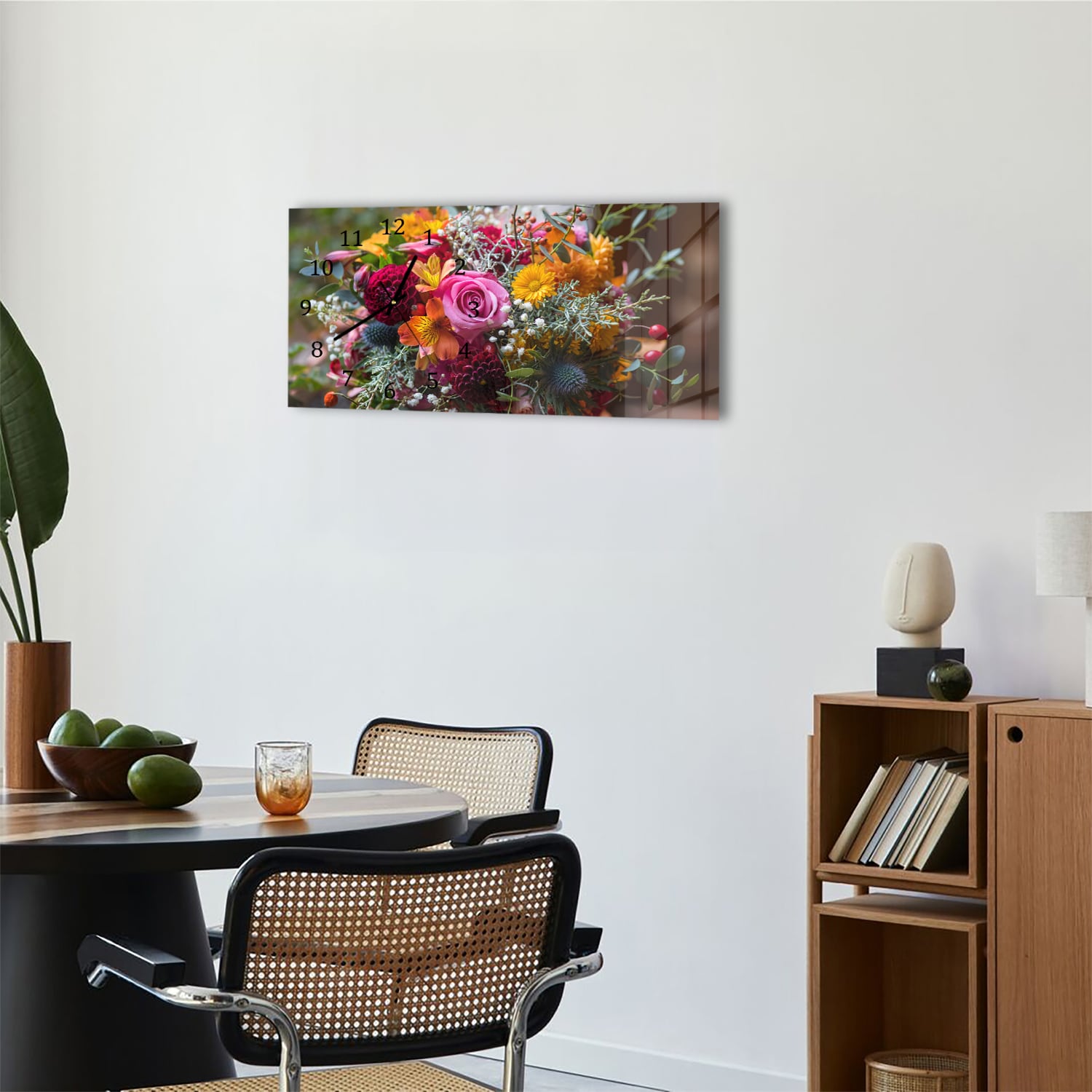 Wanduhr 60x30 - Bunter Blumenstrauß