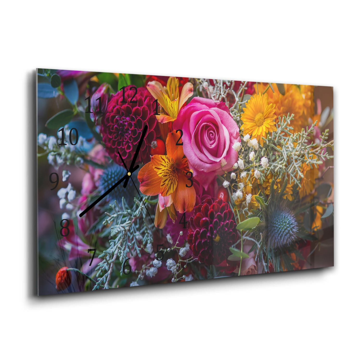 Wanduhr 60x30 - Lebendiger Blumenstrauß