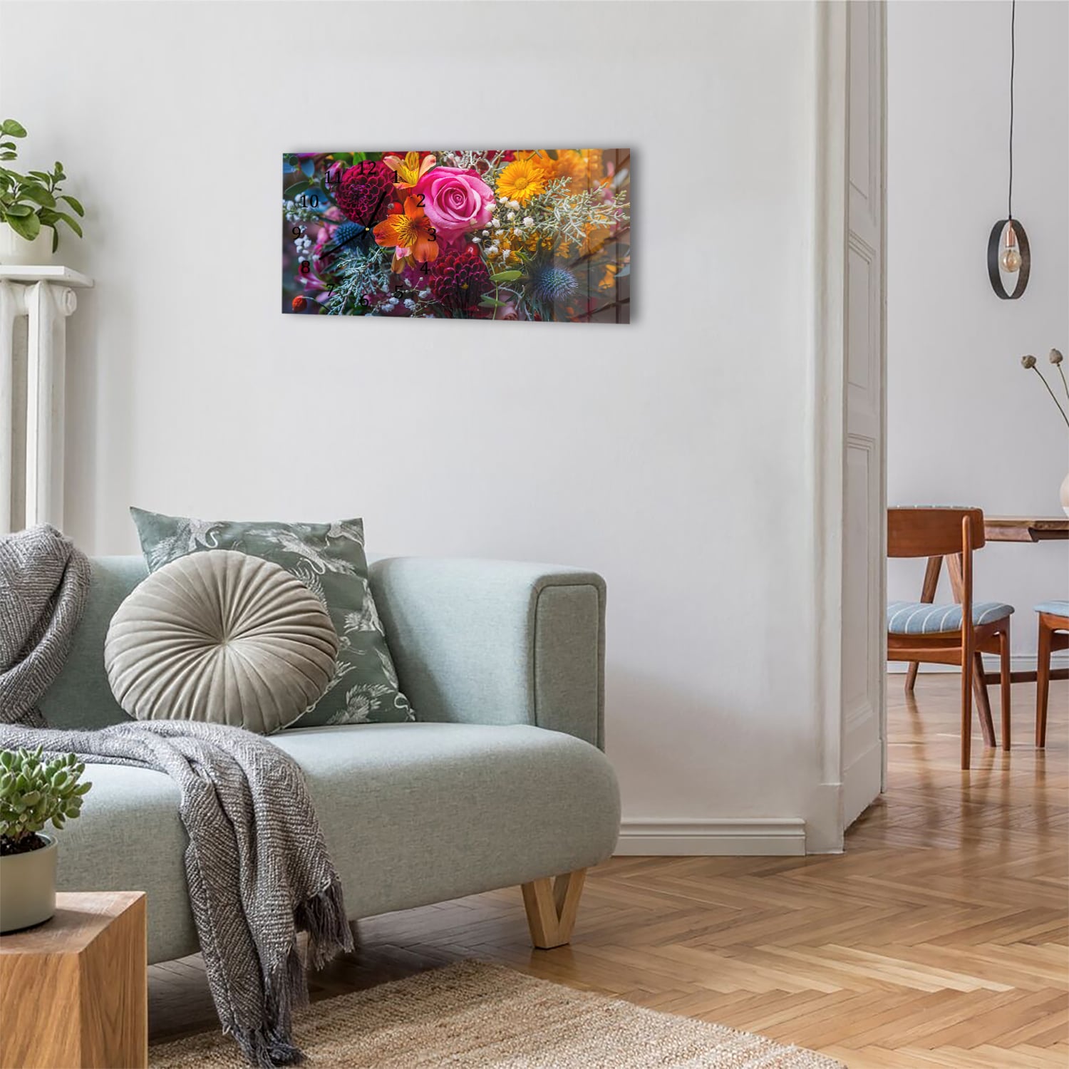 Wanduhr 60x30 - Lebendiger Blumenstrauß