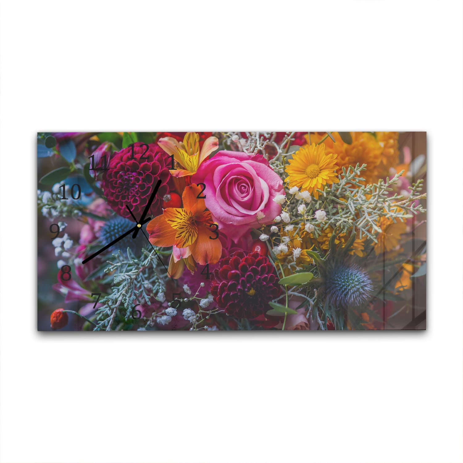 Wanduhr 60x30 - Lebendiger Blumenstrauß