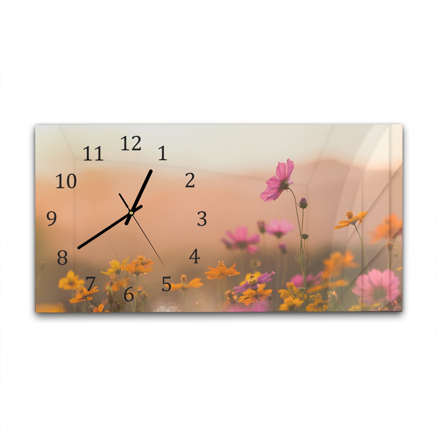 Wanduhr 60x30 - Bunte Blumen bei Sonnenuntergang