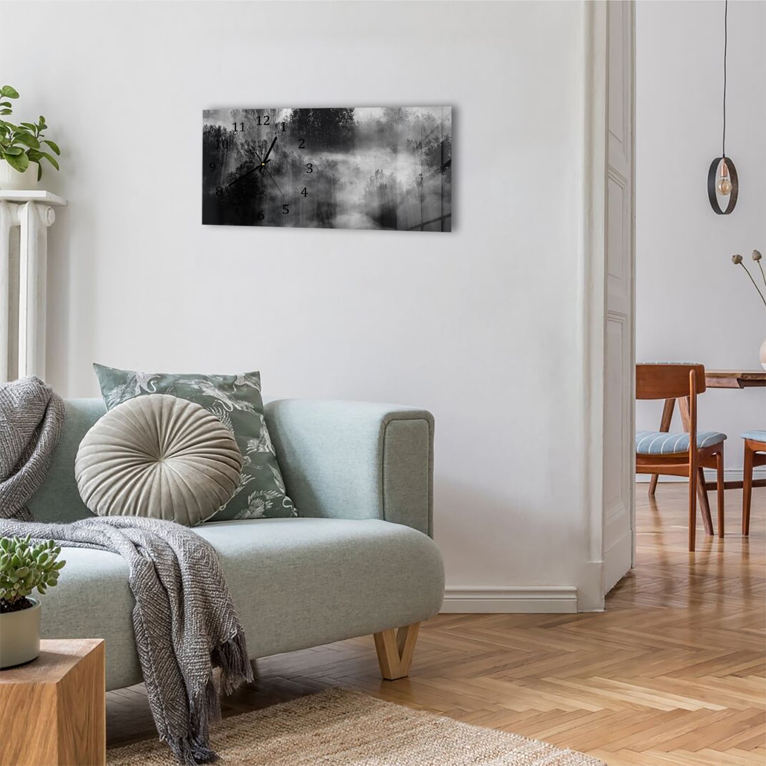 Wanduhr 60x30 - Bäume im Nebel