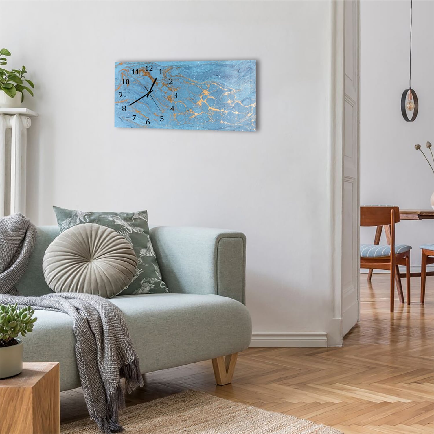 Wanduhr 60x30 - Gold und blauer Marmor