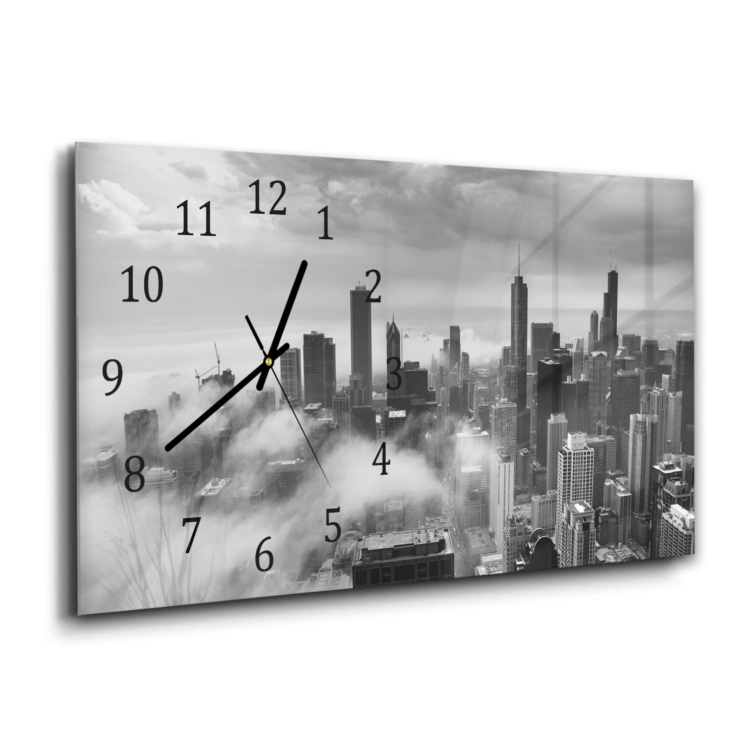 Wanduhr 60x30 - Chicago Skyline im Nebel