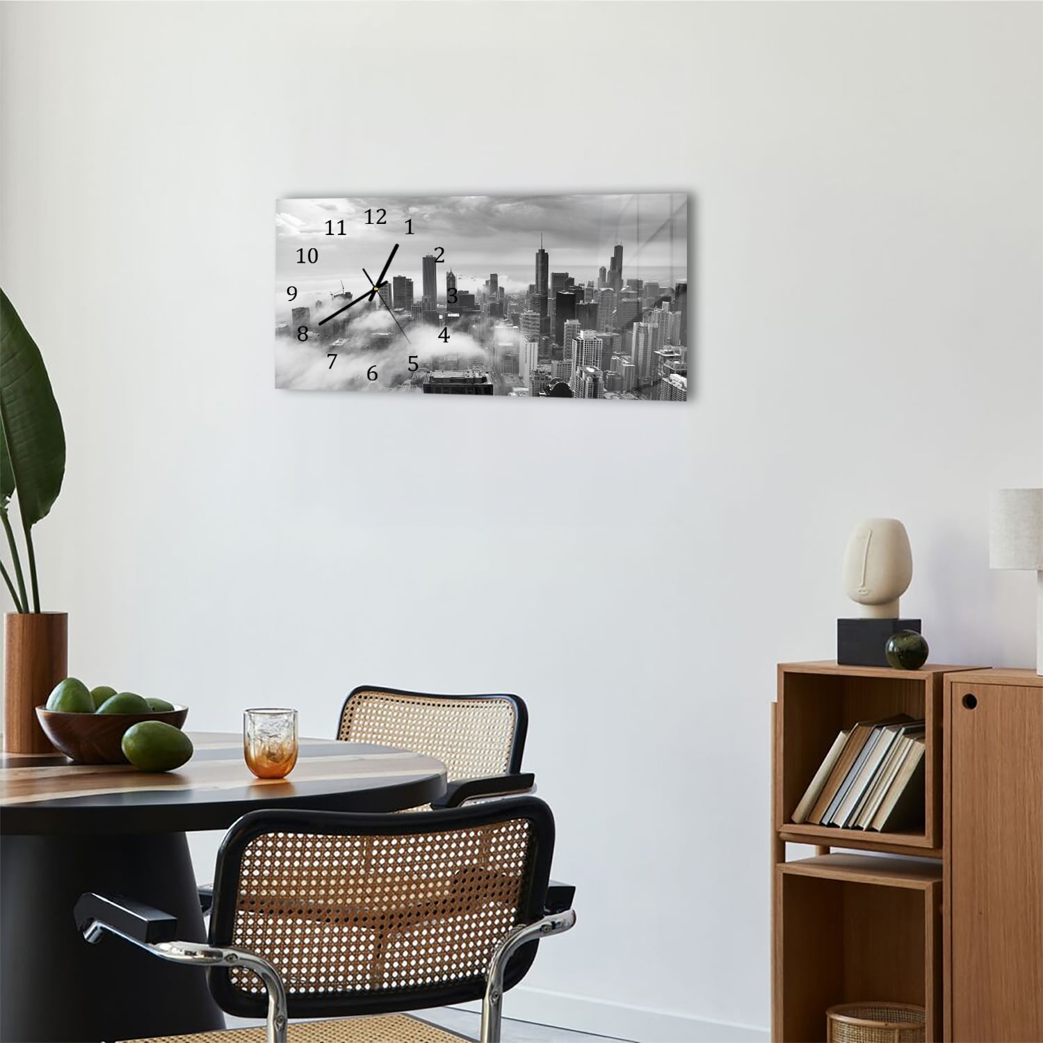 Wanduhr 60x30 - Chicago Skyline im Nebel