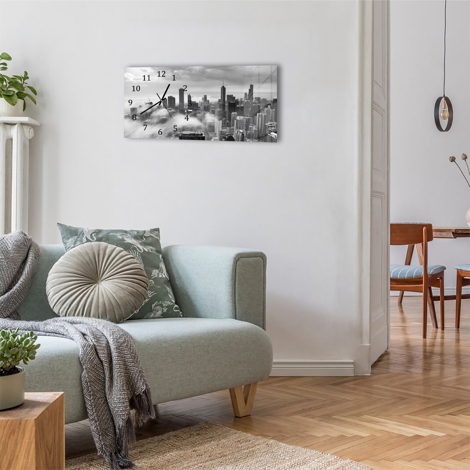 Wanduhr 60x30 - Chicago Skyline im Nebel