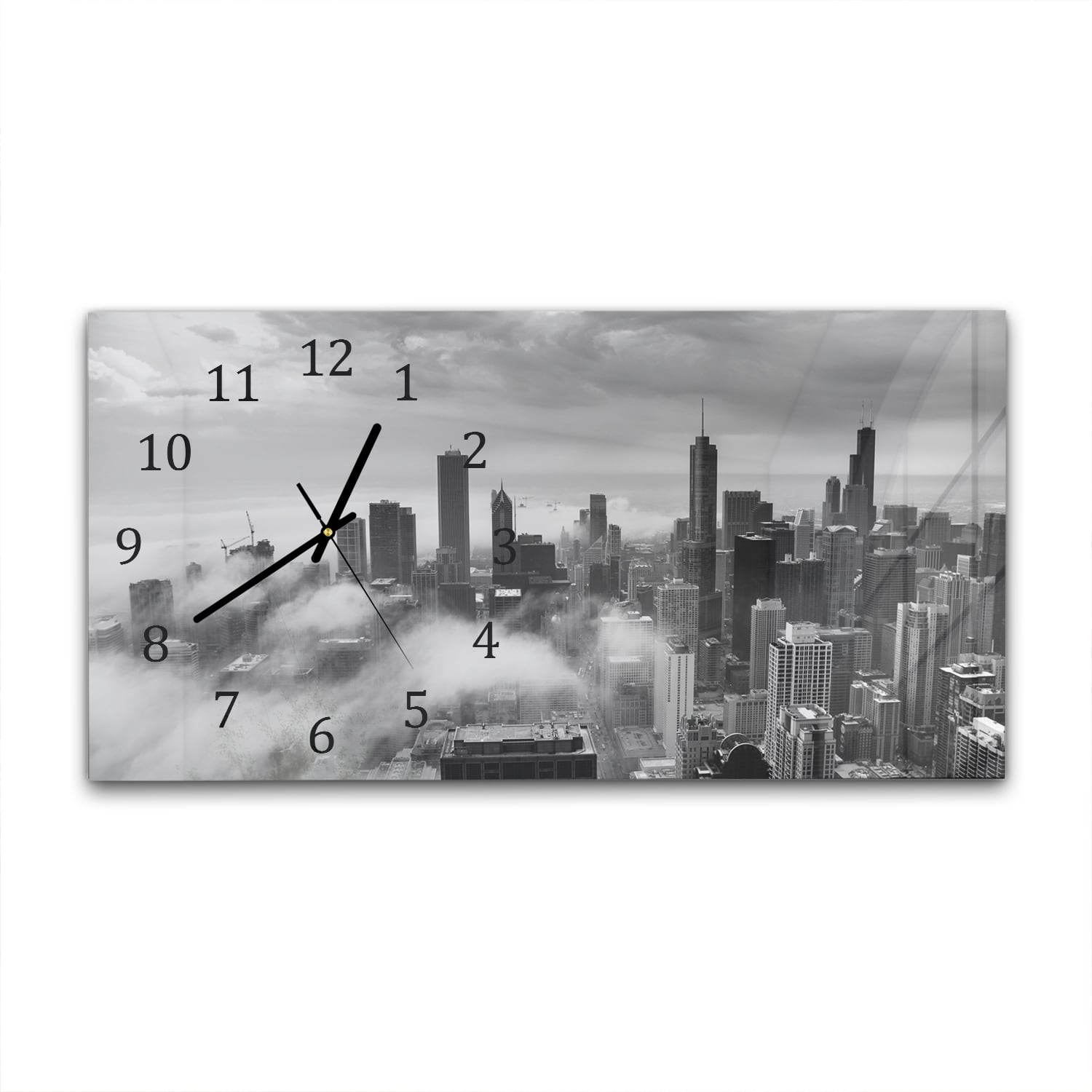 Wanduhr 60x30 - Chicago Skyline im Nebel