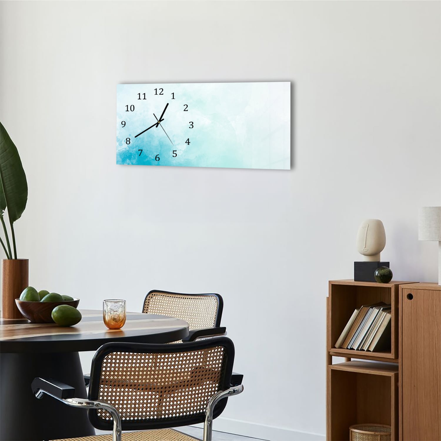 Wanduhr 60x30 - Blaue Aquarellfarbe