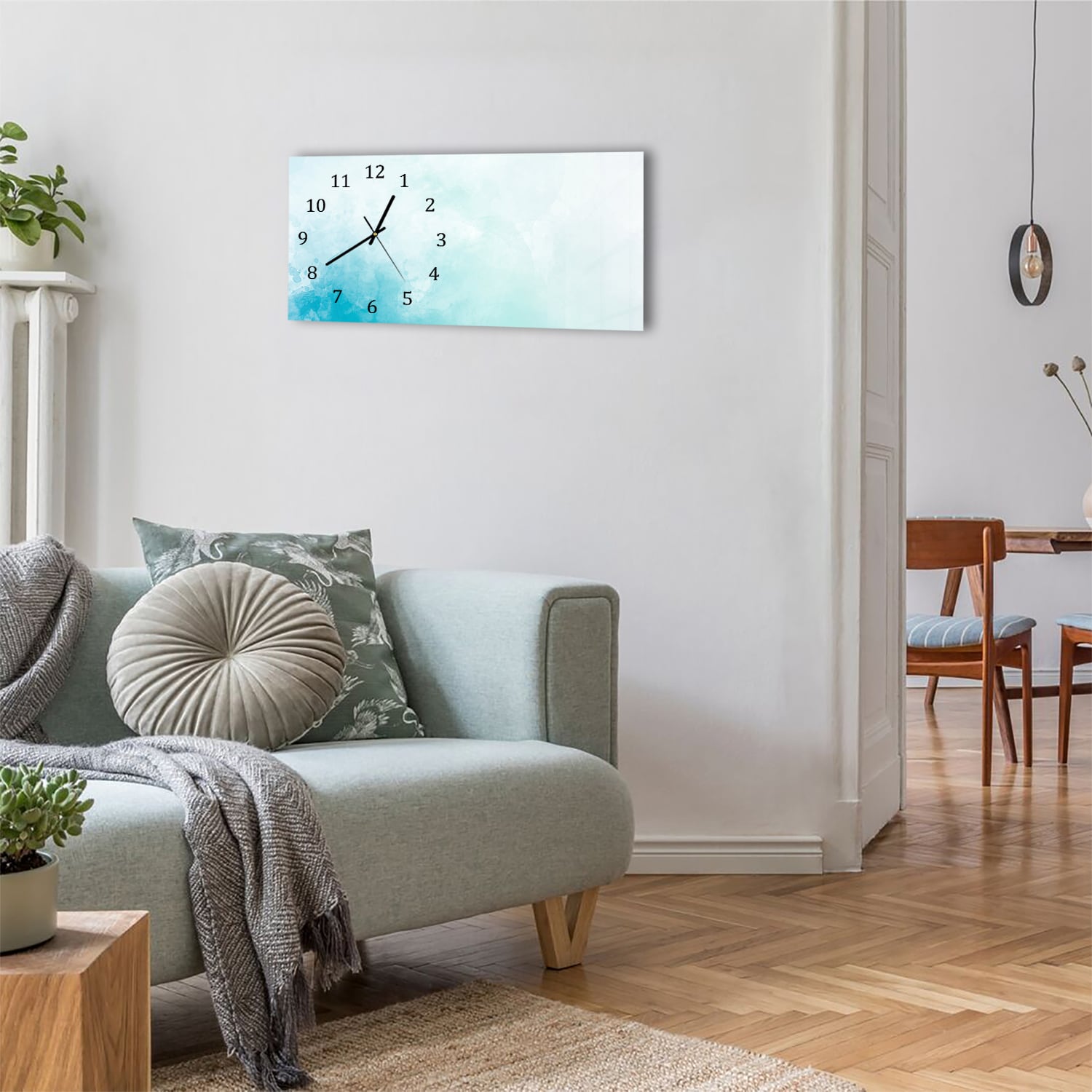 Wanduhr 60x30 - Blaue Aquarellfarbe