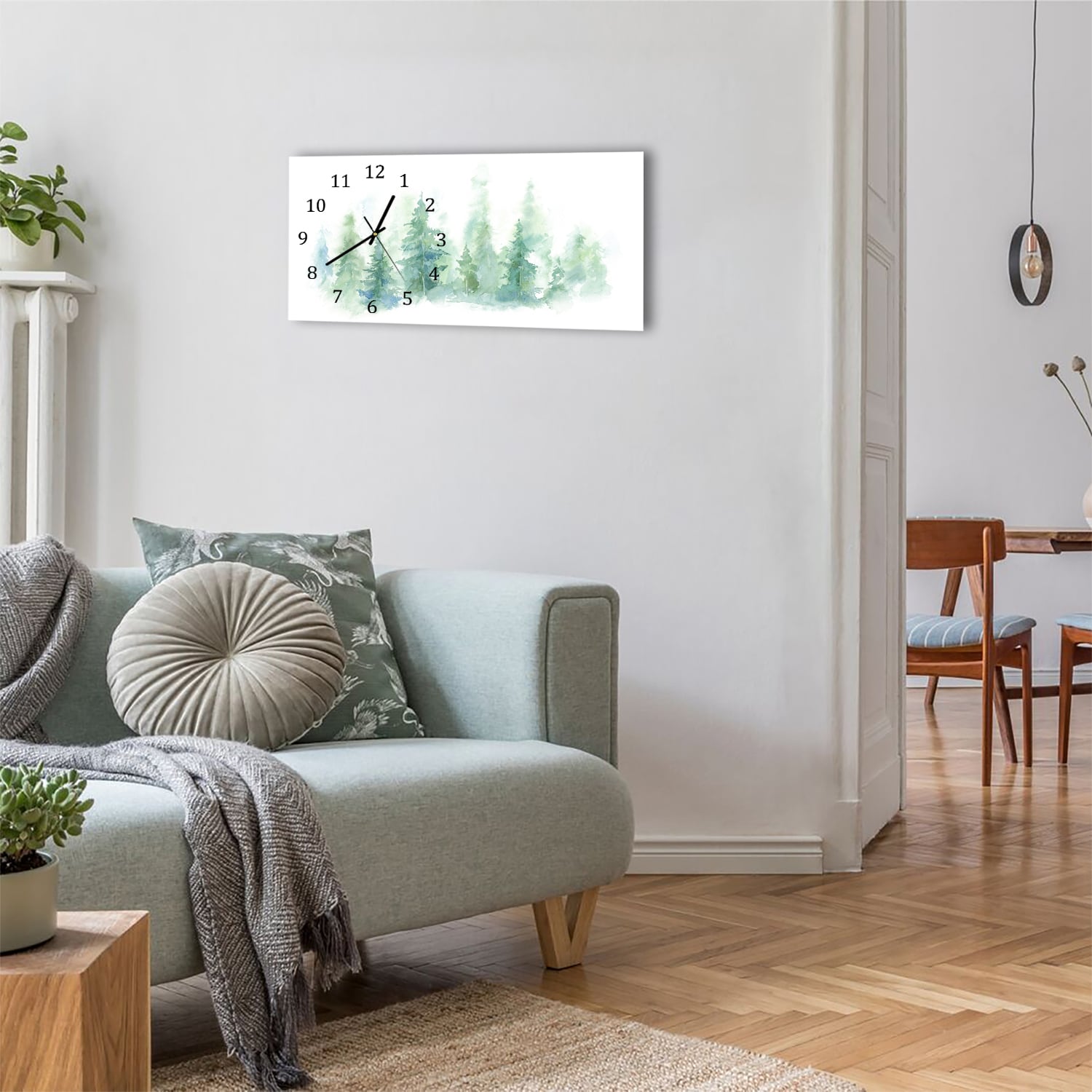 Wanduhr 60x30 - Aquarell-Waldgemälde