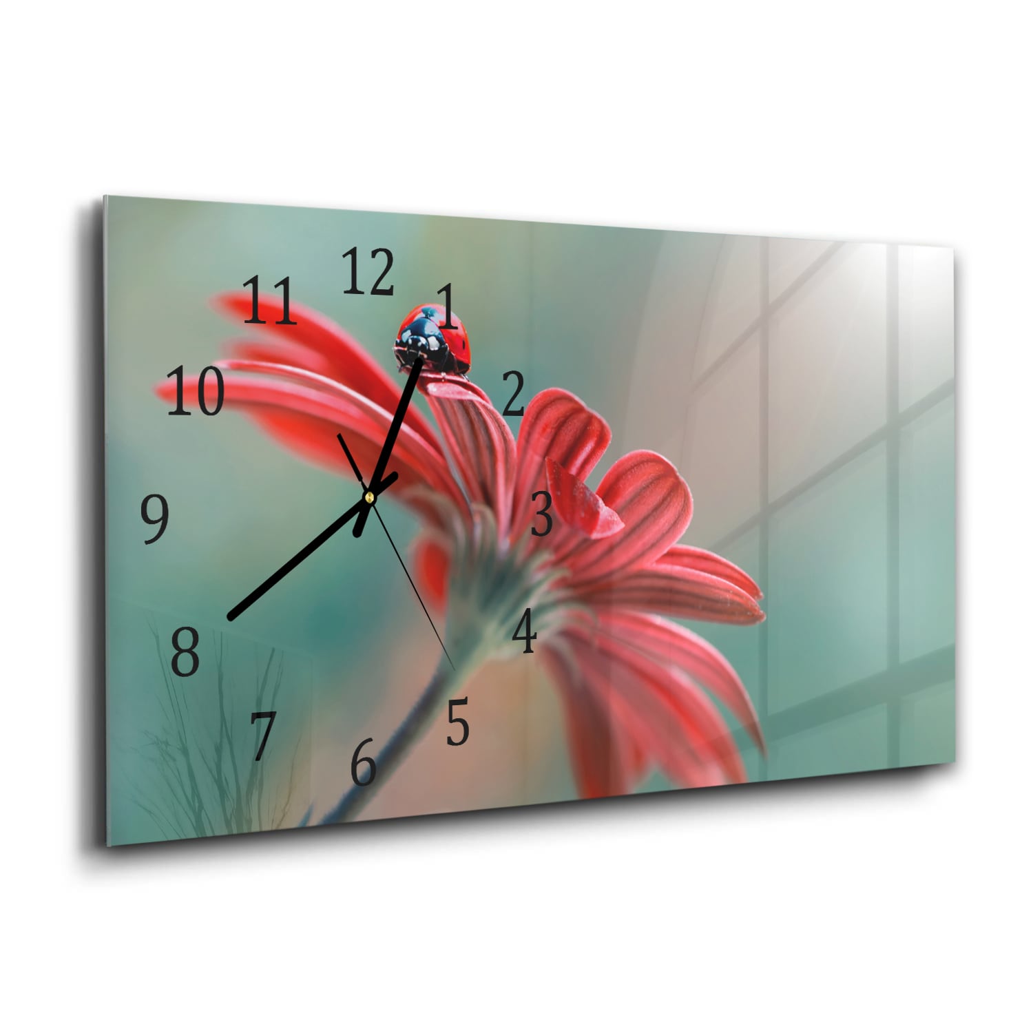 Wanduhr 60x30 - Marienkäfer auf roter Blume