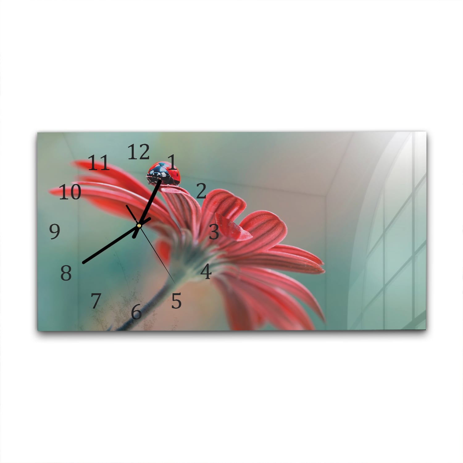 Wanduhr 60x30 - Marienkäfer auf roter Blume