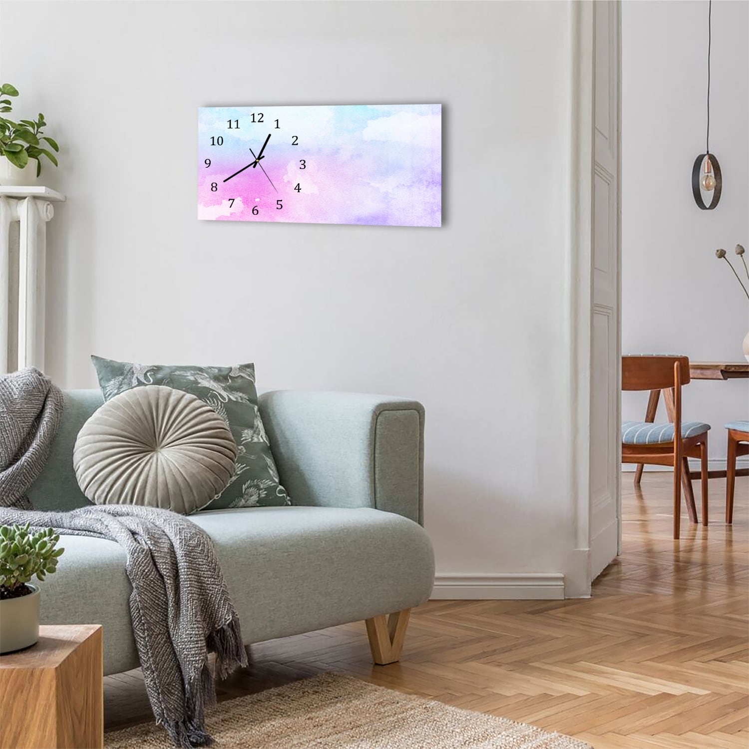 Wanduhr 60x30 - Rosa-blaue Aquarellfarbe