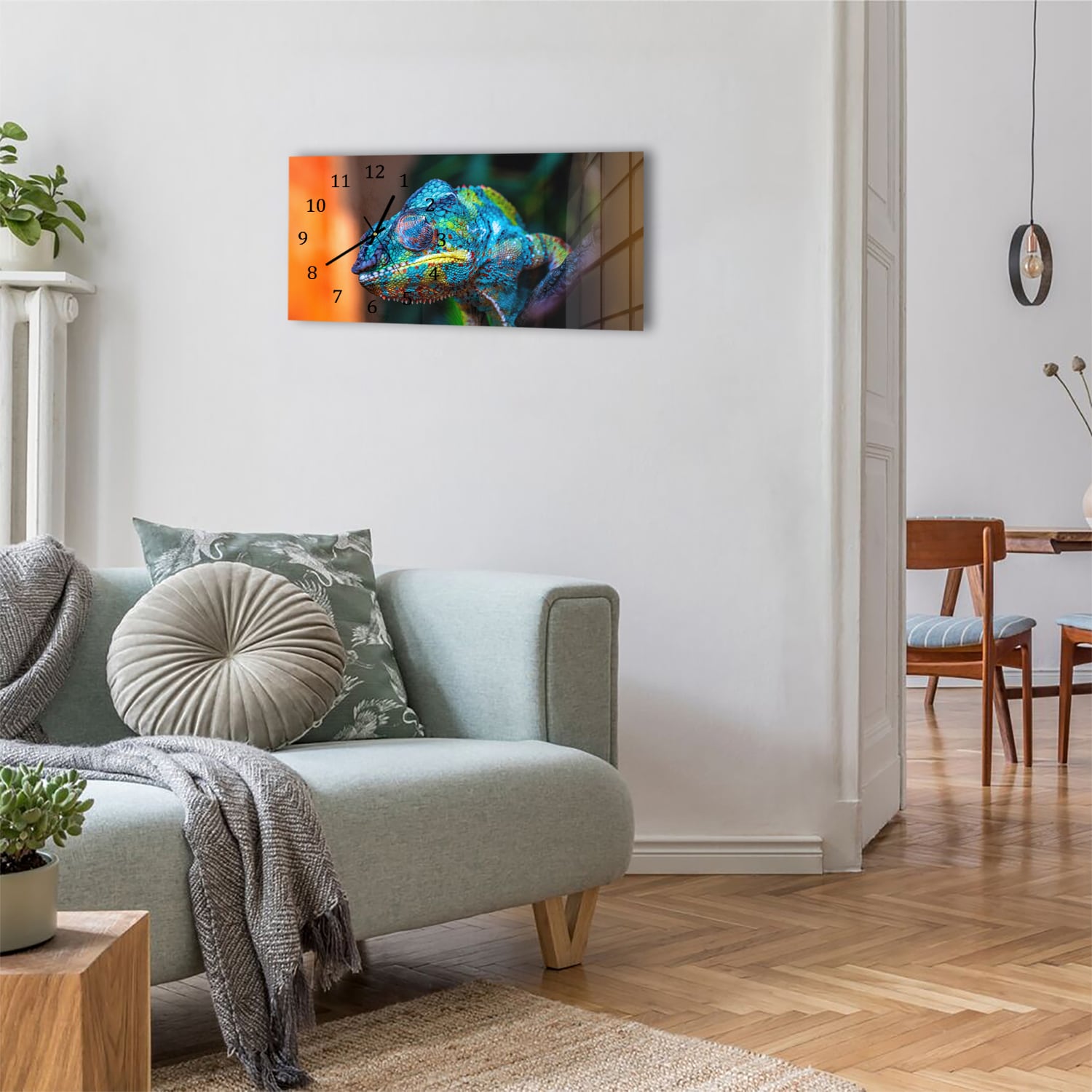 Wanduhr 60x30 - Buntes Chamäleon