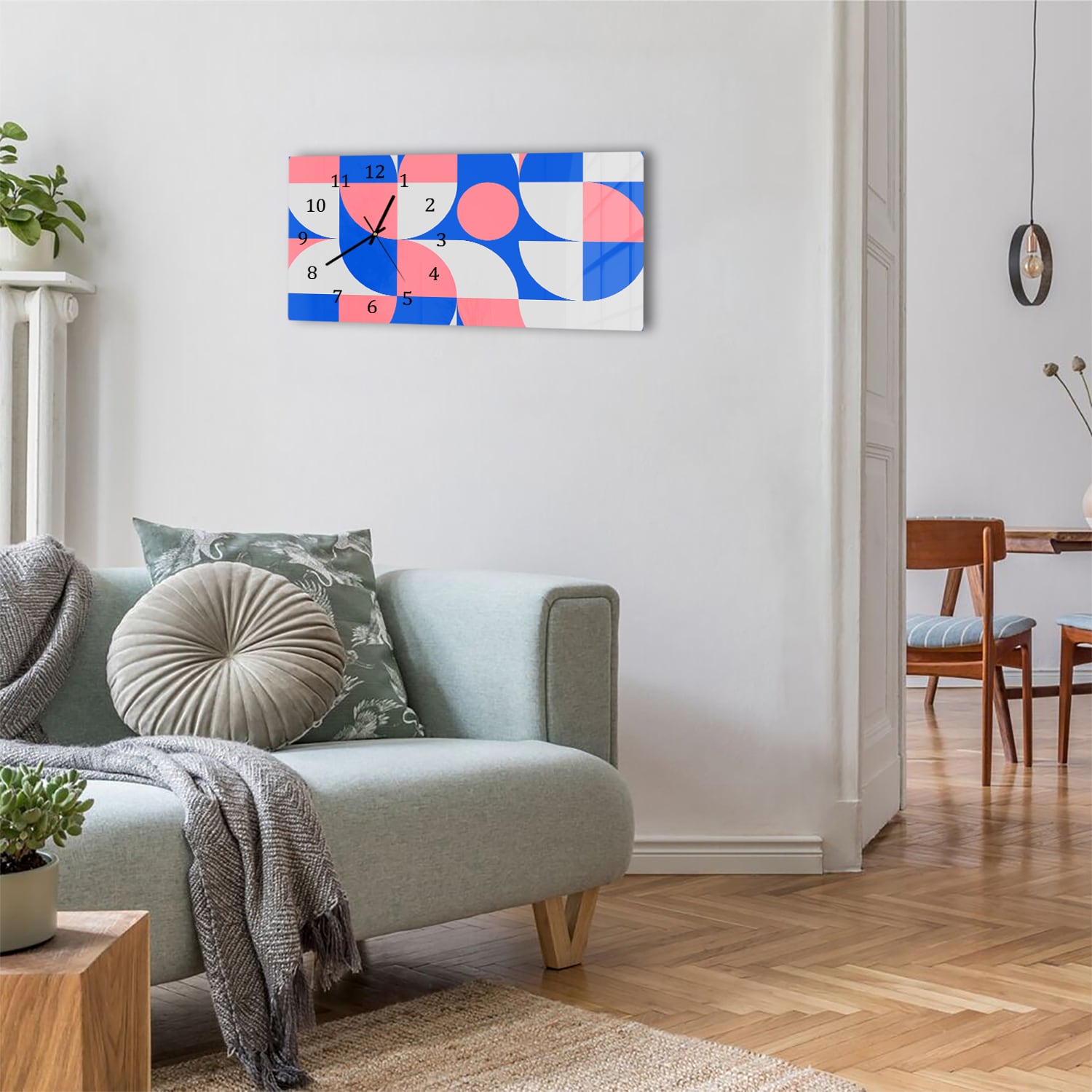 Wanduhr 60x30 - Blau/Orange abstraktes Kunstwerk