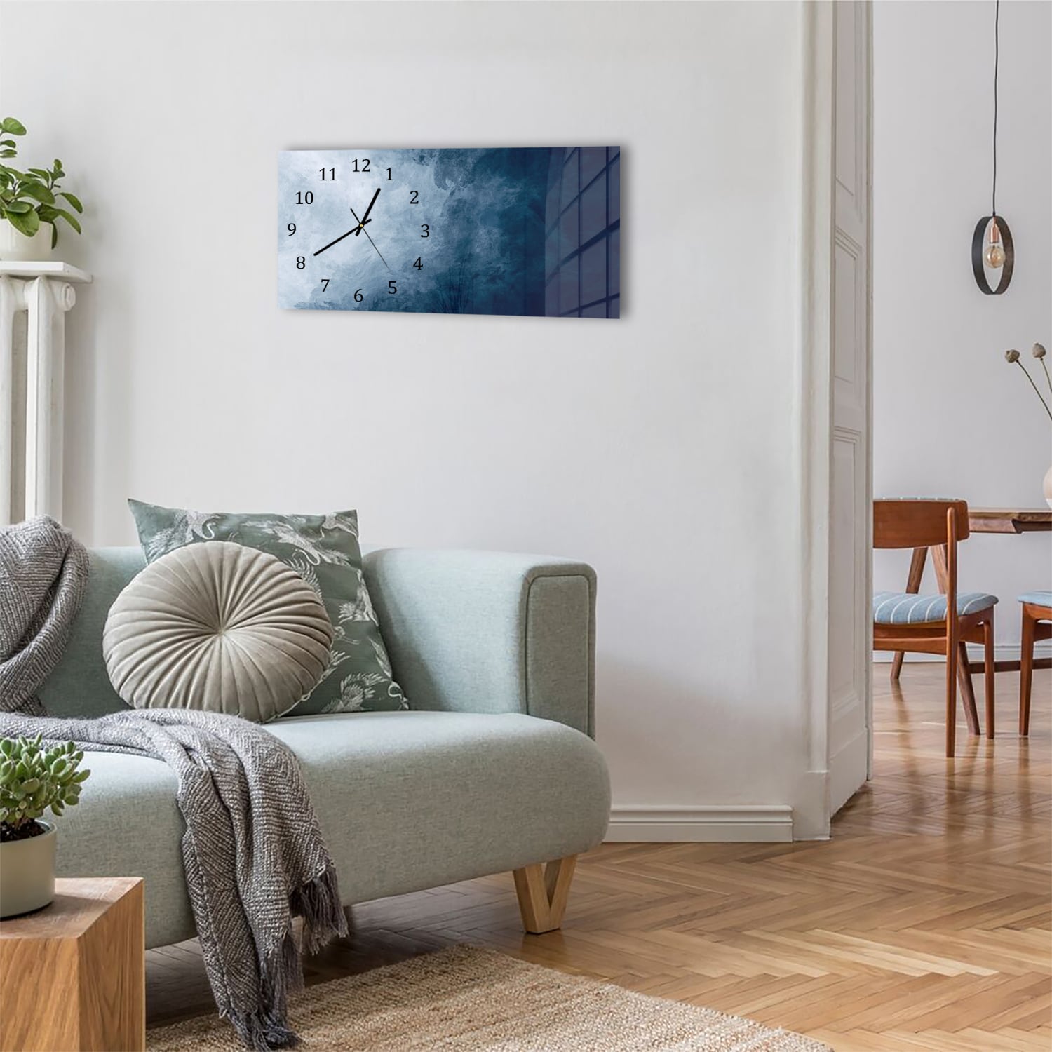 Wanduhr 60x30 - Blaue Aquarell-Textur
