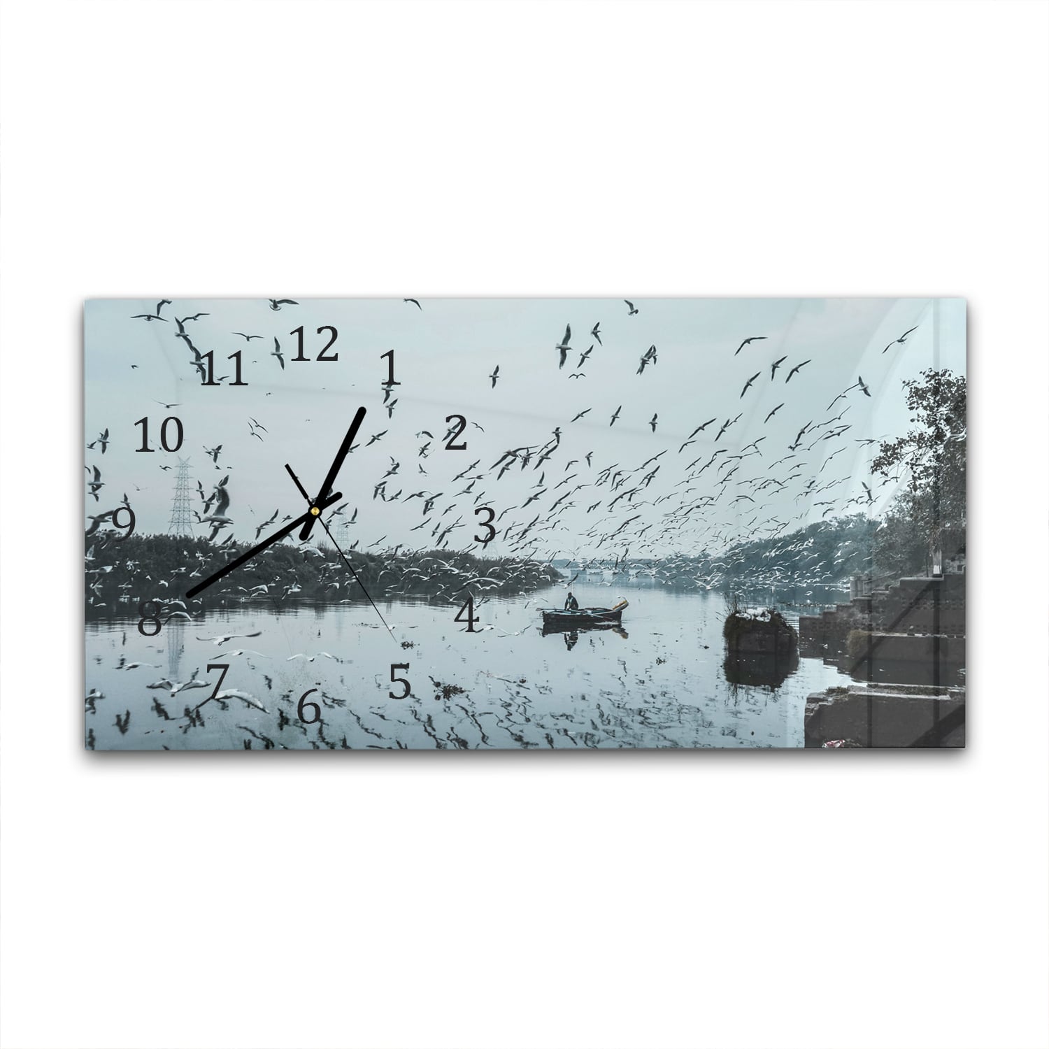 Wanduhr 60x30 - Vogel fliegt über Wasser