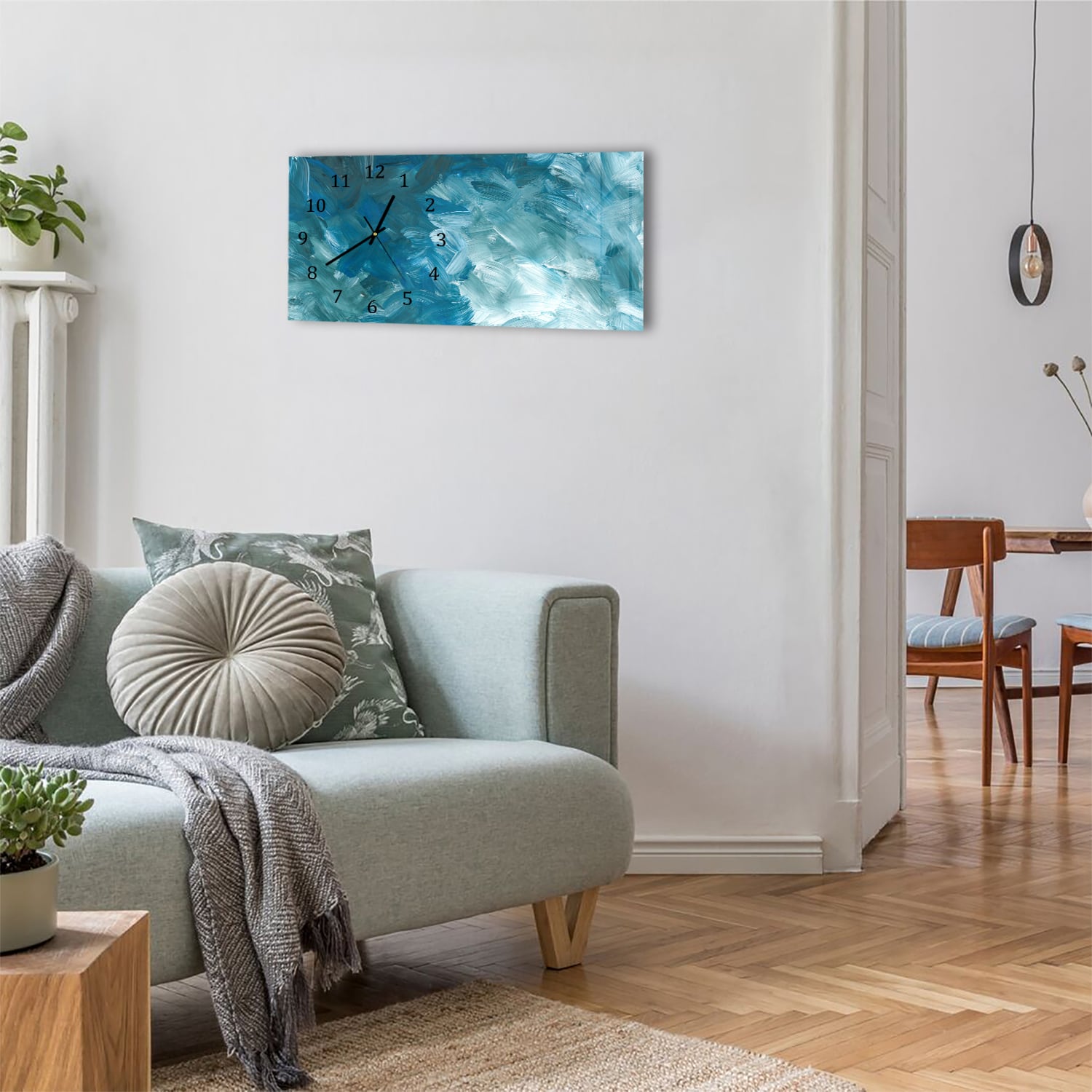 Wanduhr 60x30 - Abstrakte blaue Pinselstriche