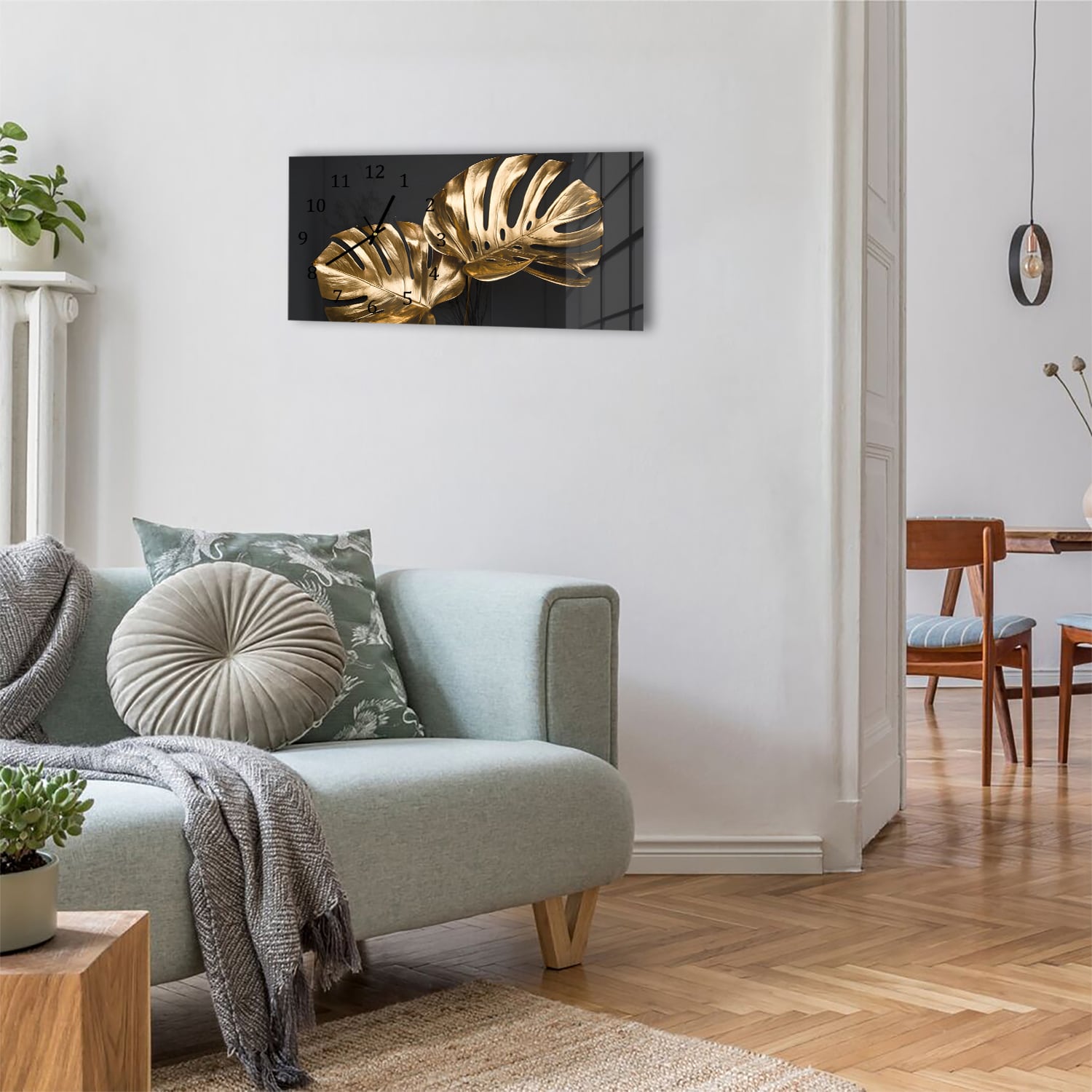 Wanduhr 60x30 - Luxuriöse goldene Monstera-Blätter