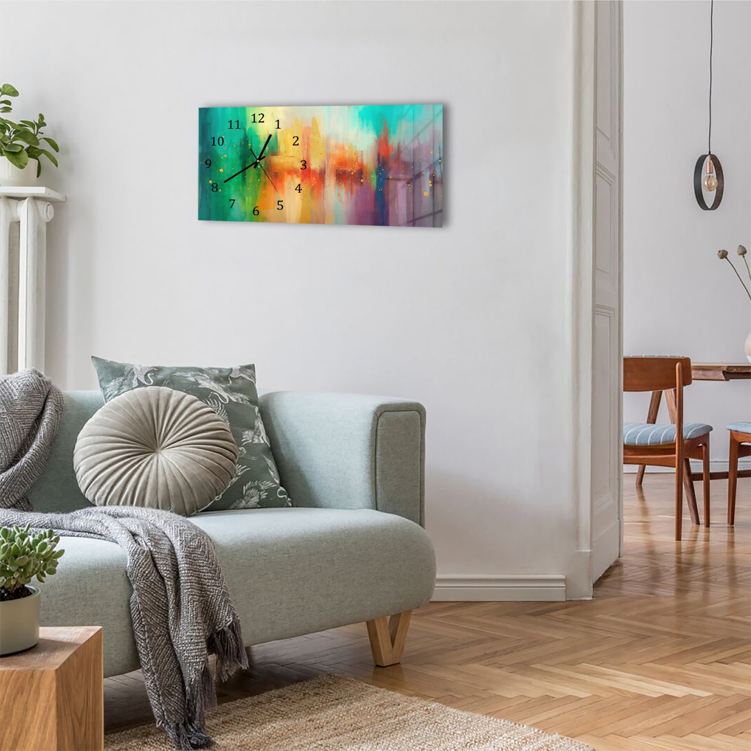 Wanduhr 60x30 - Buntes Aquarellgemälde